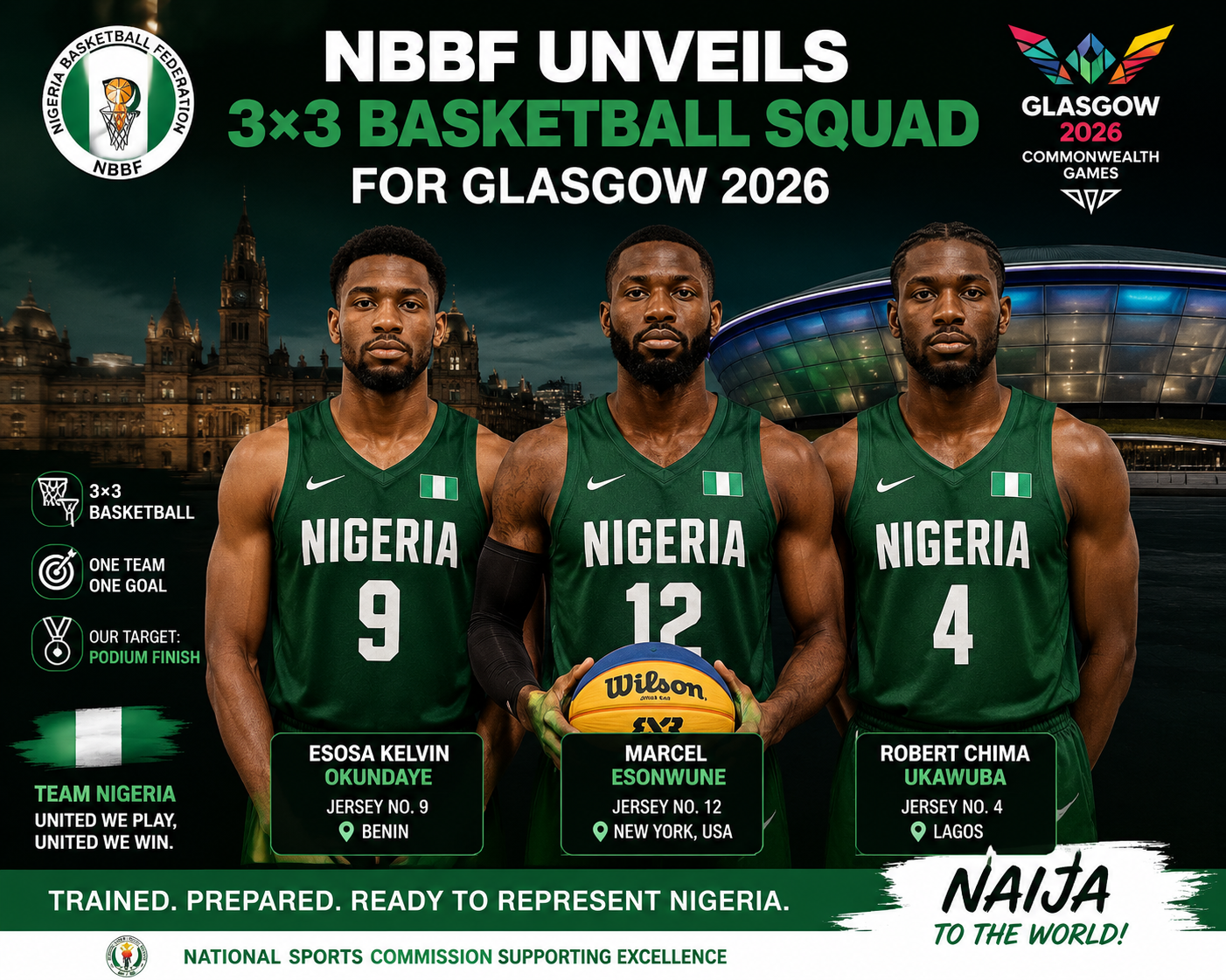 Glasgow 2026: NBBF Unveils Three-Man Squad to Lead Nigeria’s 3×3 Basketball Medal Chase