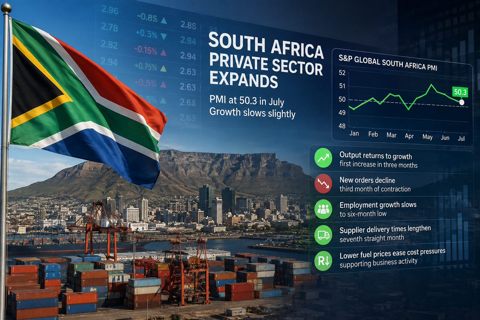 South Africa’s Private Sector Growth Slows Slightly in July Despite Output Recovery