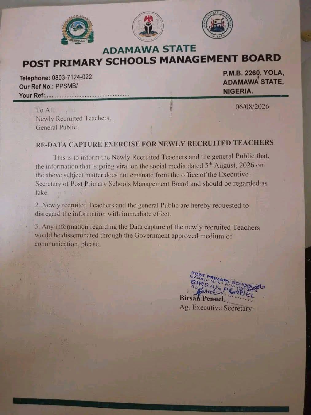 PPSMB Disowns Fake Re Data Capture Notice for Newly Recruited Teachers.